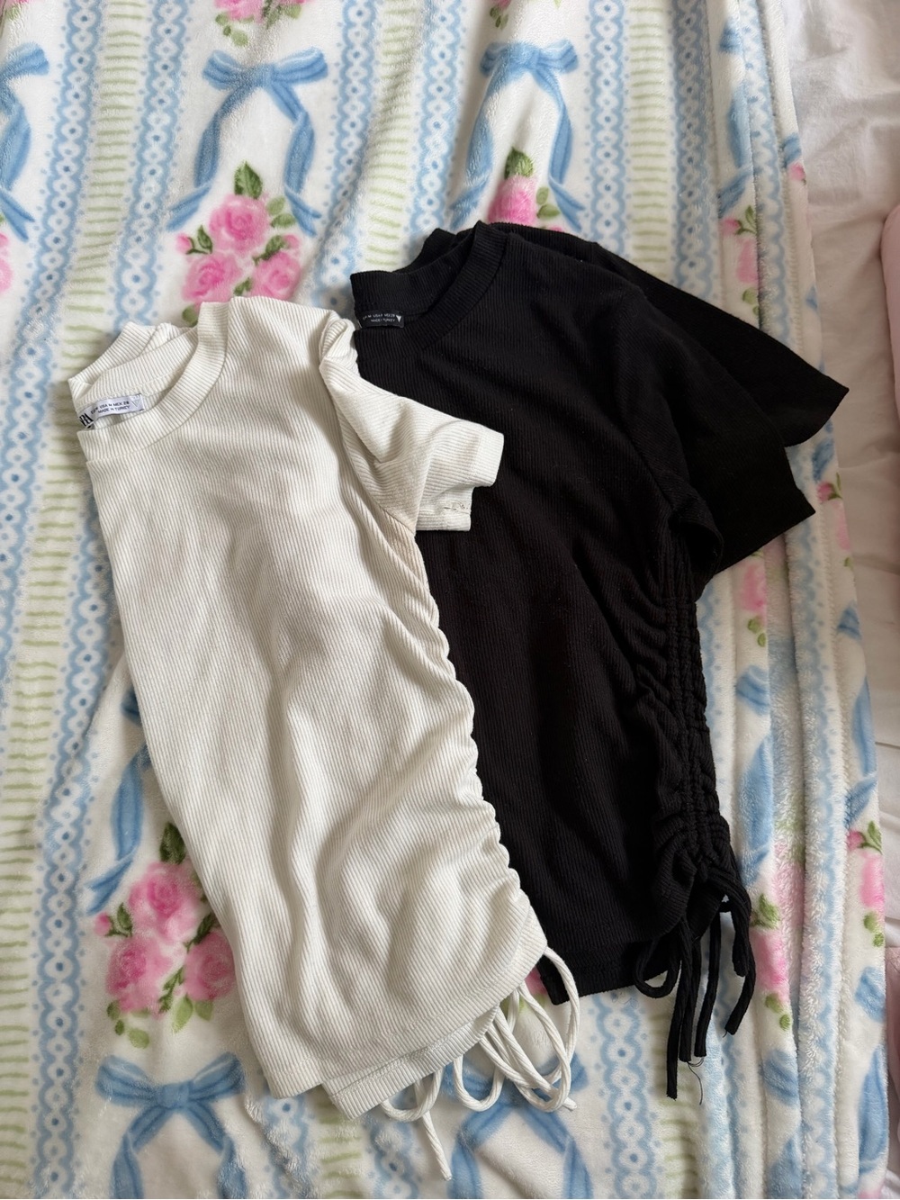 Zara Short Sleeve Ribbed Side-Tie Tees - Black & Cream
